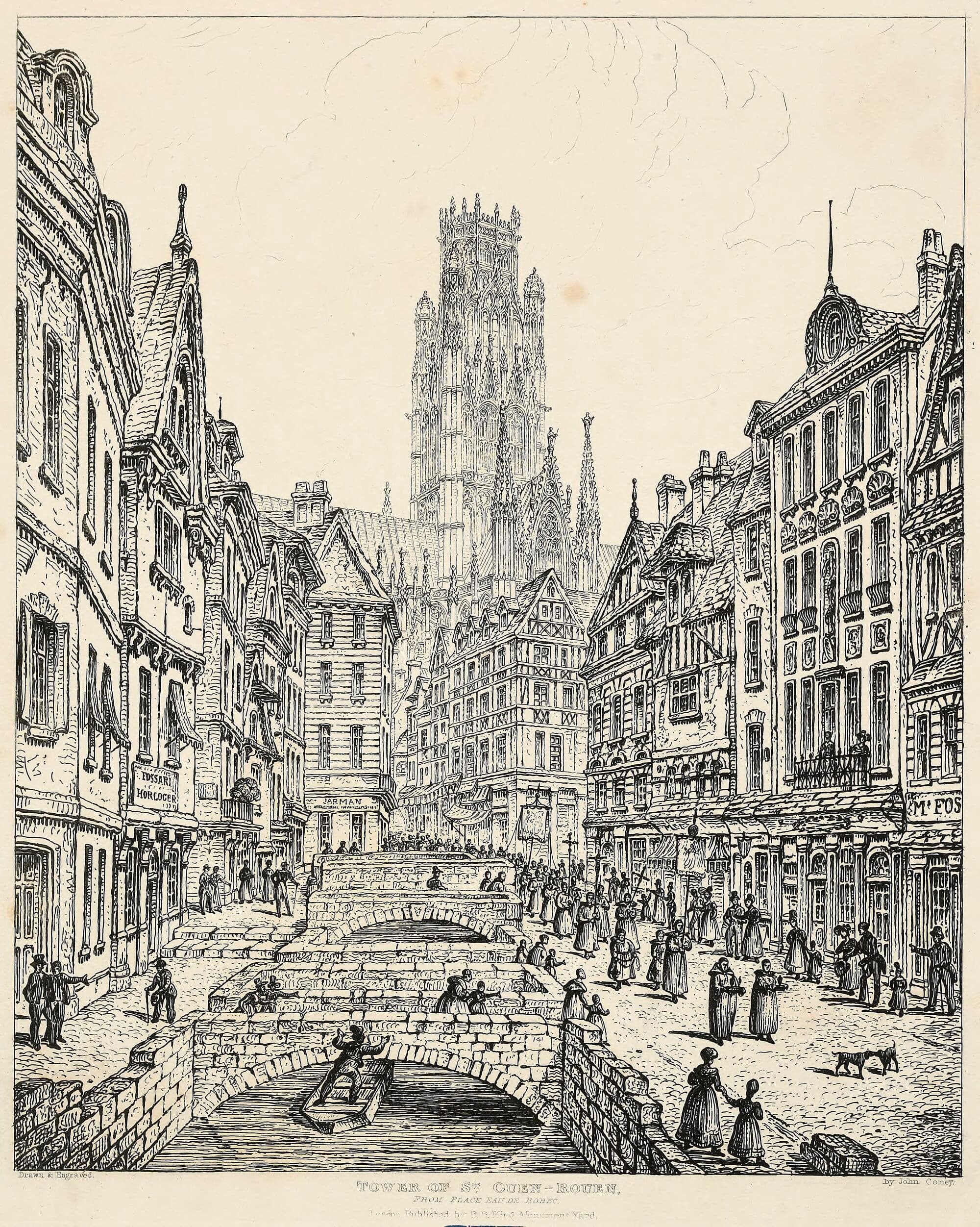 Vue de l'église Saint-Ouen de Rouen et du quartier alentour, gravure des environs de 1830.