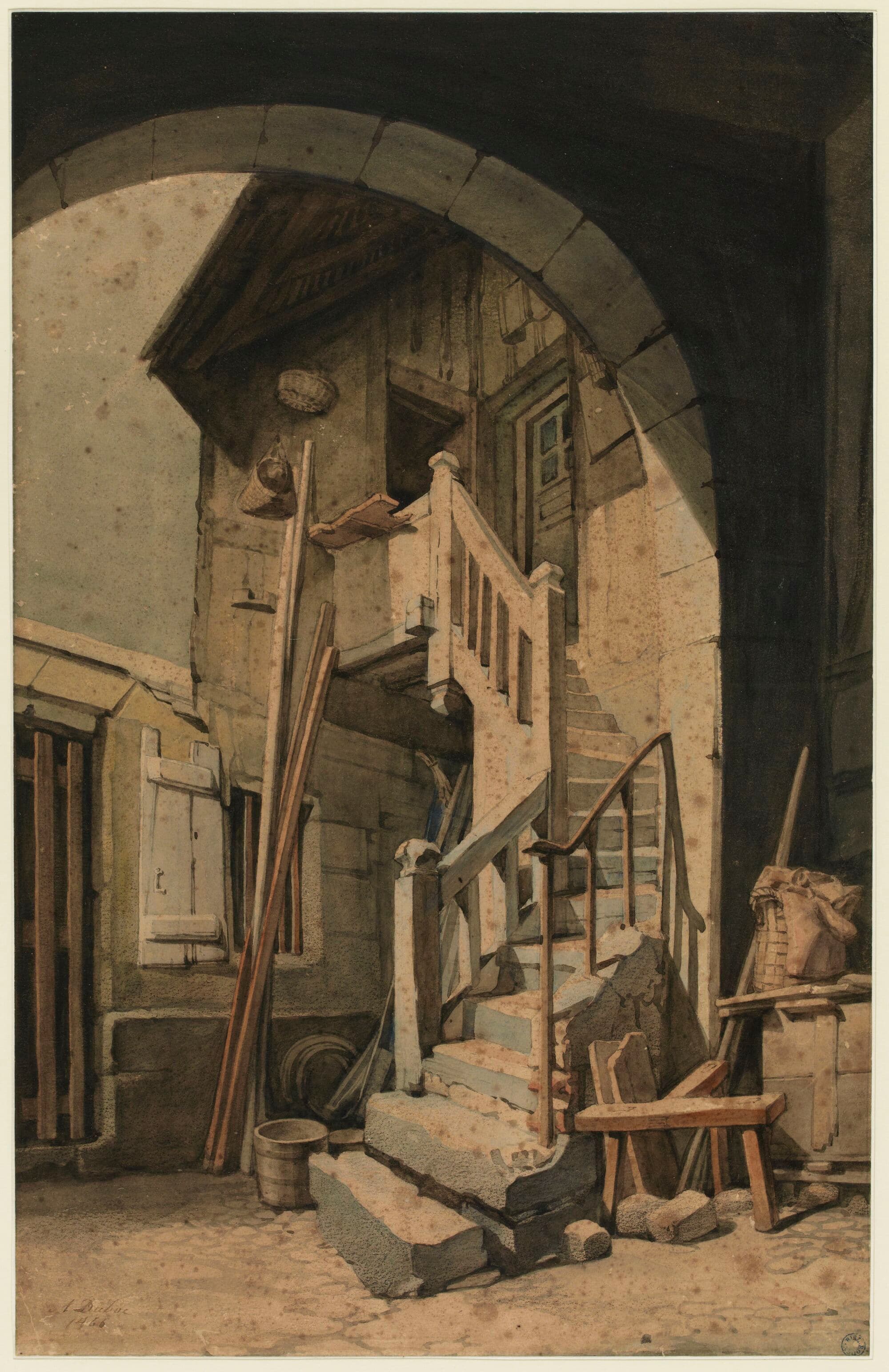 Cour intérieure d'une maison à pans de bois de la rue Eau-de-Robec, photographiée en 1866.